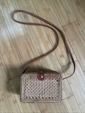 Woven Rattan Crossbody Bag with Brown Leather Trim